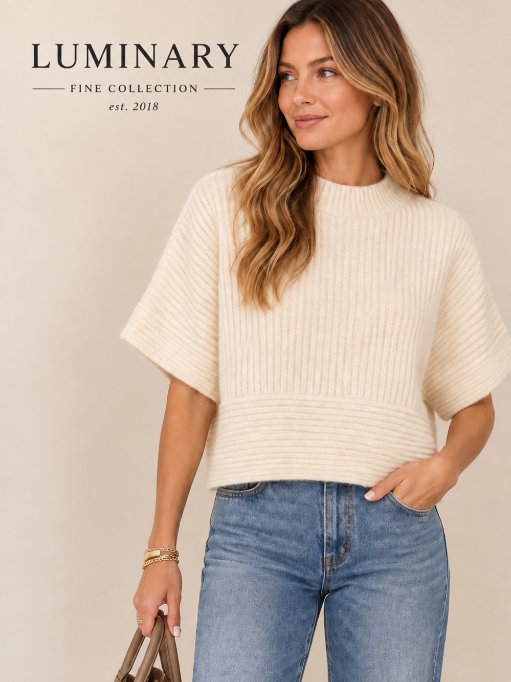 Luminary Fine Collection Ivory Wool Blend Ribbed Poncho Sweater Size L